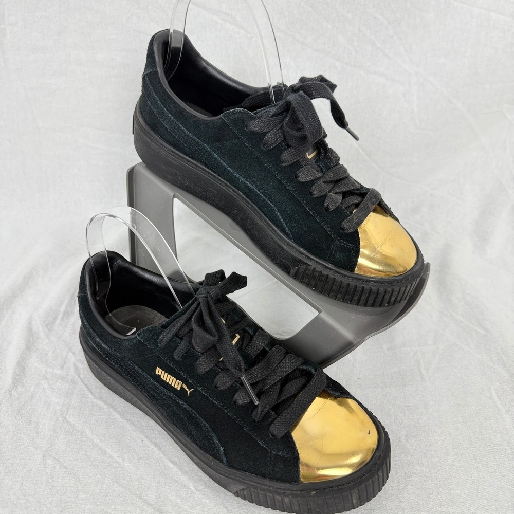 PUMA Platform Sneakers Black Suede Gold Toe Women's Size 7.5